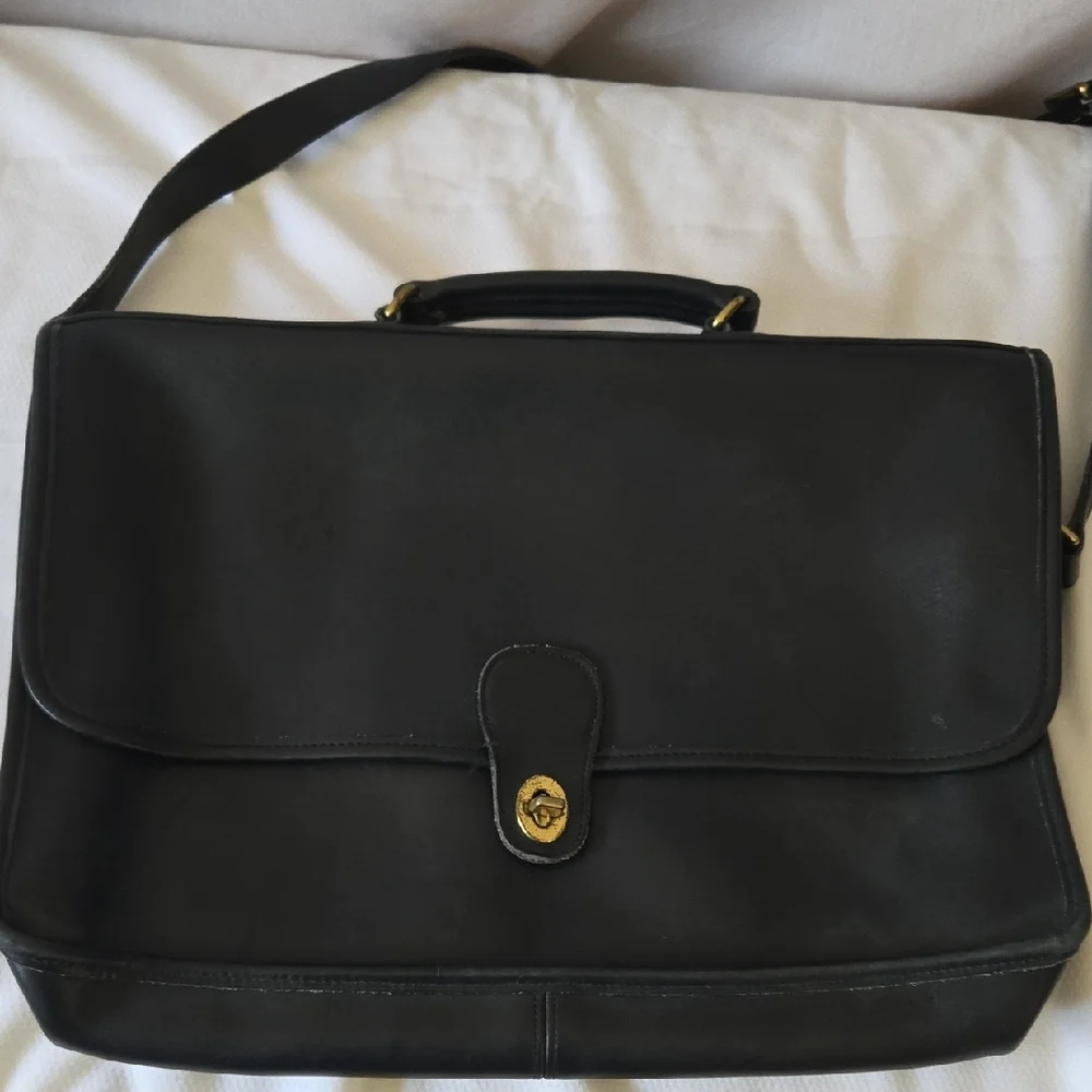 Black Leather Briefcase with Gold Clasp and Top Handle